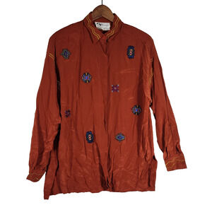 Vintage Gary Fabrikant Ltd Shirt Womens Sz 8 Red 100% Silk Embroidered Grandma